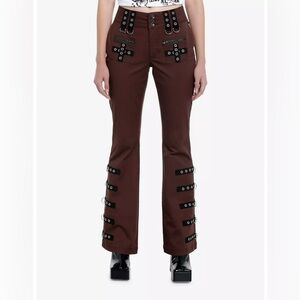 Hot Topic Brown Contrast Grommet Strap Flare Pants 3 goth emo punk concert